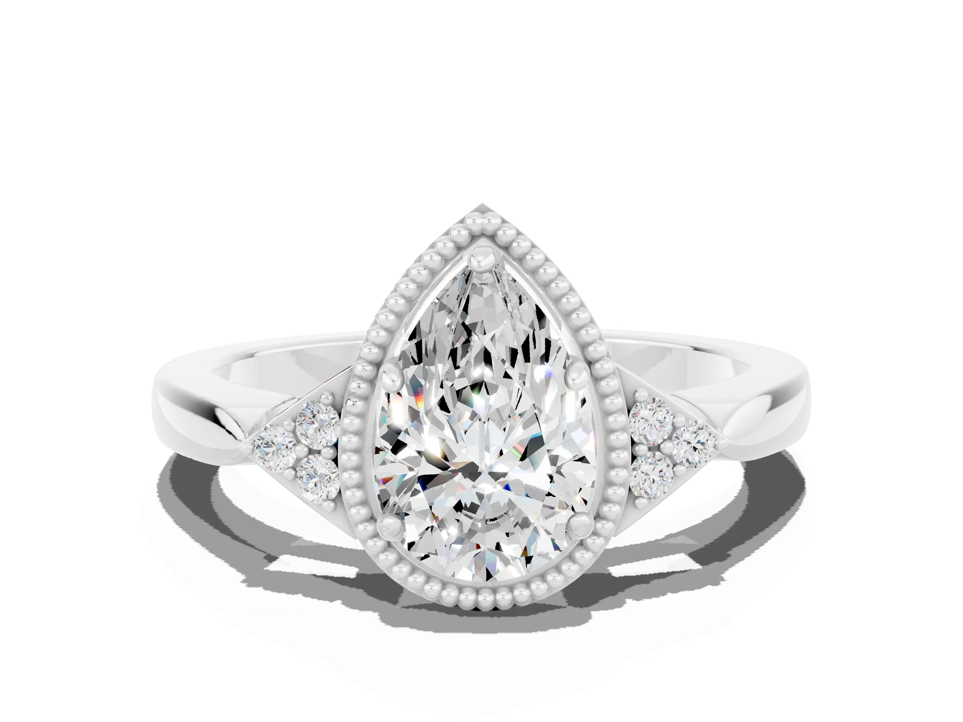 White gold Pear Cut Moissanite Halo Ring with Tapered Band and Four-Prong Setting