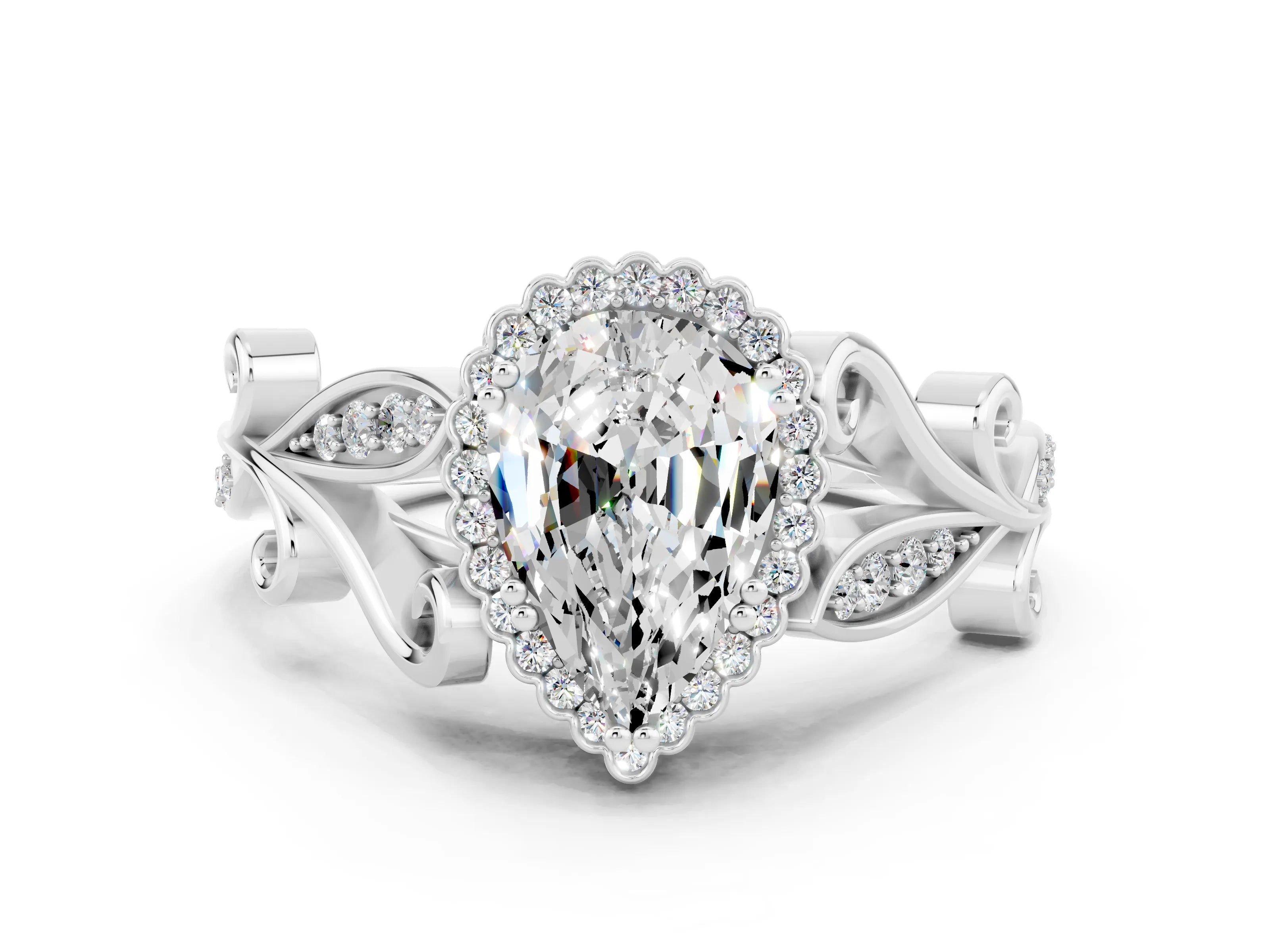 White gold Pear Cut Moissanite Halo Ring with Vintage Split Shank and Four-Prong Setting