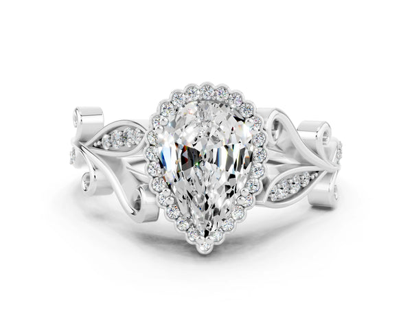 Platinum Pear Cut Moissanite Halo Ring with Vintage Split Shank and Four-Prong Setting