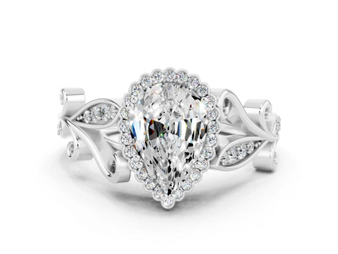 White gold Pear Cut Moissanite Halo Ring with Vintage Split Shank and Four-Prong Setting