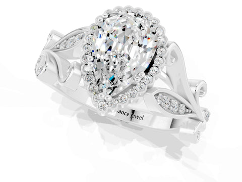 White gold Pear Cut Moissanite Halo Ring with Vintage Split Shank and Four-Prong Setting_1