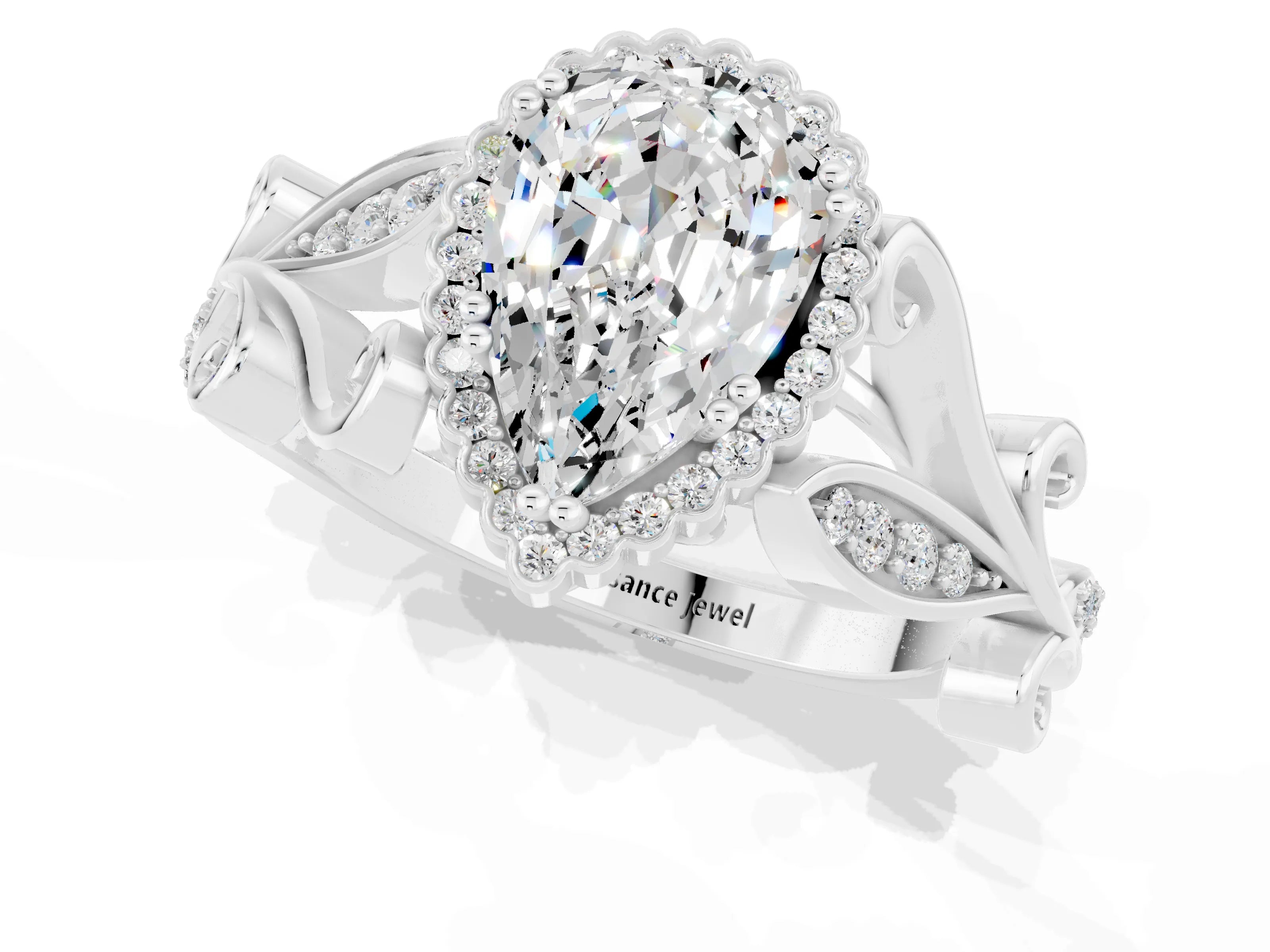 White gold Pear Cut Moissanite Halo Ring with Vintage Split Shank and Four-Prong Setting_1