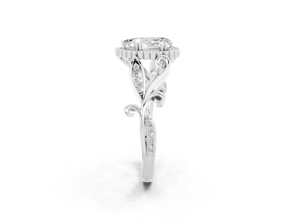 Silver Pear Cut Moissanite Halo Ring with Vintage Split Shank and Four-Prong Setting