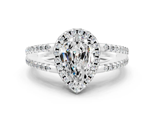 White gold Pear Cut Moissanite Halo Split Shank Engagement Ring