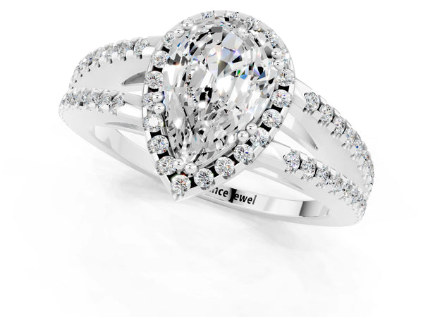 Silver Pear Cut Moissanite Halo Split Shank Engagement Ring
