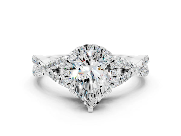 Platinum Pear Cut Moissanite  Halo Twist Band Solitaire Prong Setting Ring