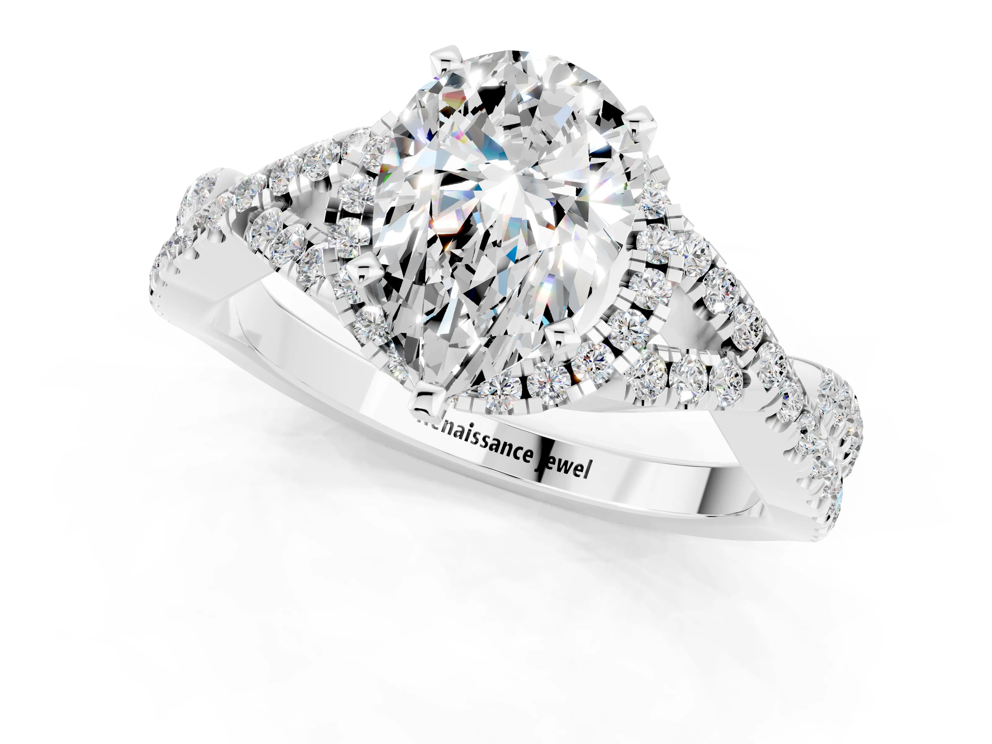 White gold Pear Cut Moissanite Halo Twist Band Solitaire Prong Setting Ring_1