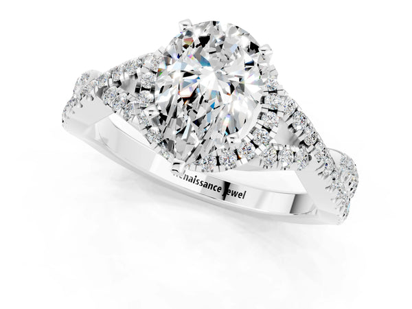 White gold Pear Cut Moissanite  Halo Twist Band Solitaire Prong Setting Ring