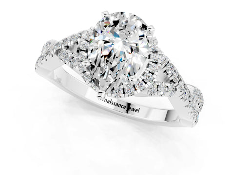 White gold Pear Cut Moissanite Halo Twist Band Solitaire Prong Setting Ring_1