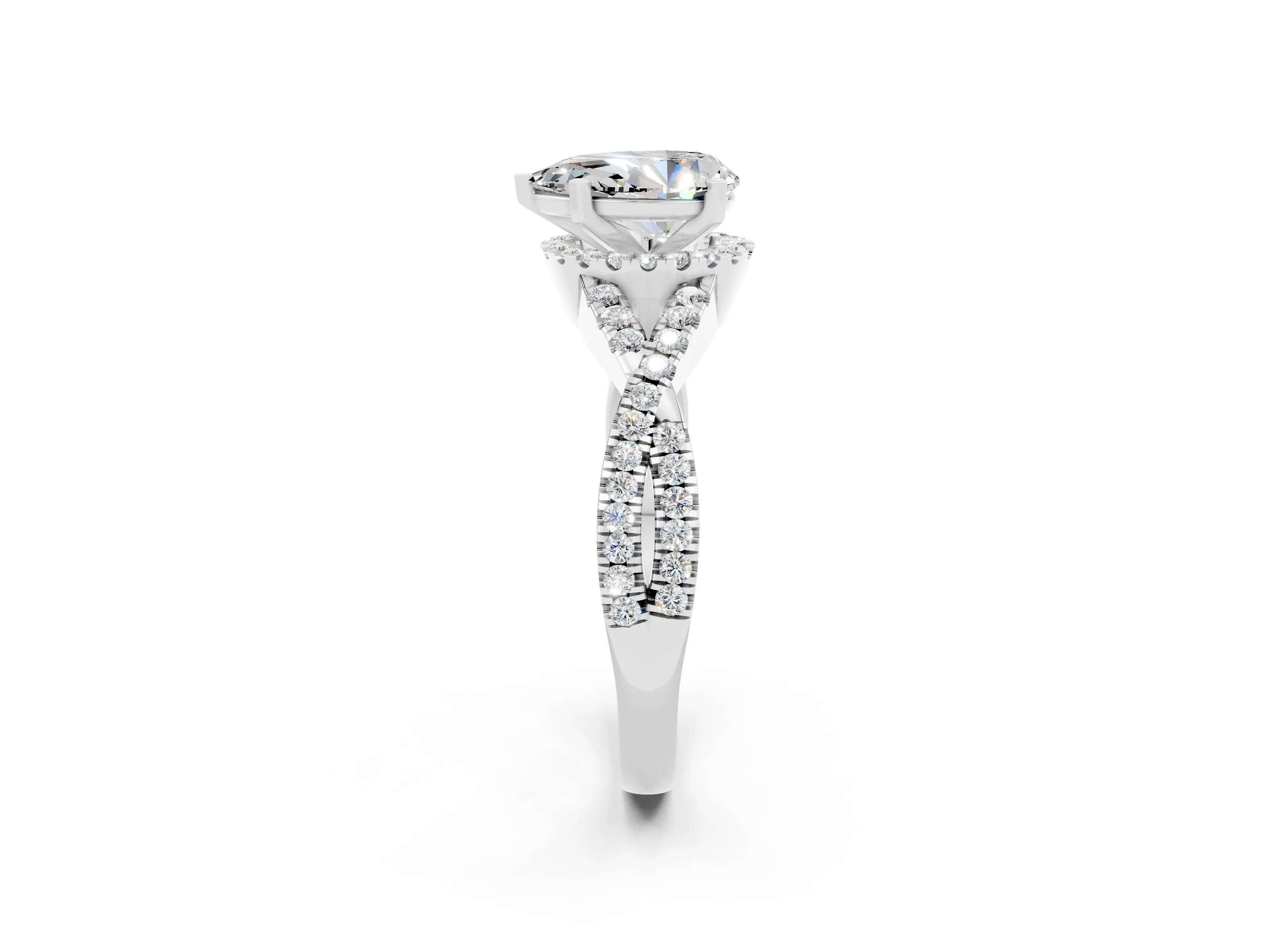 White gold Pear Cut Moissanite Halo Twist Band Solitaire Prong Setting Ring_2