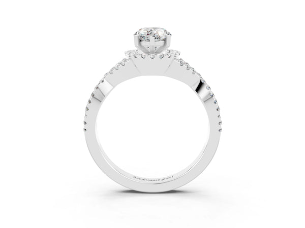 Silver Pear Cut Moissanite  Halo Twist Band Solitaire Prong Setting Ring