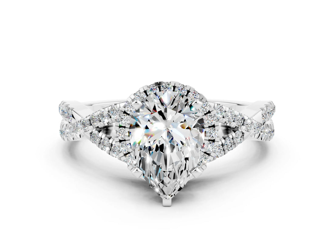 White gold Pear Cut Moissanite  Halo Twist Band Solitaire Prong Setting Ring_48