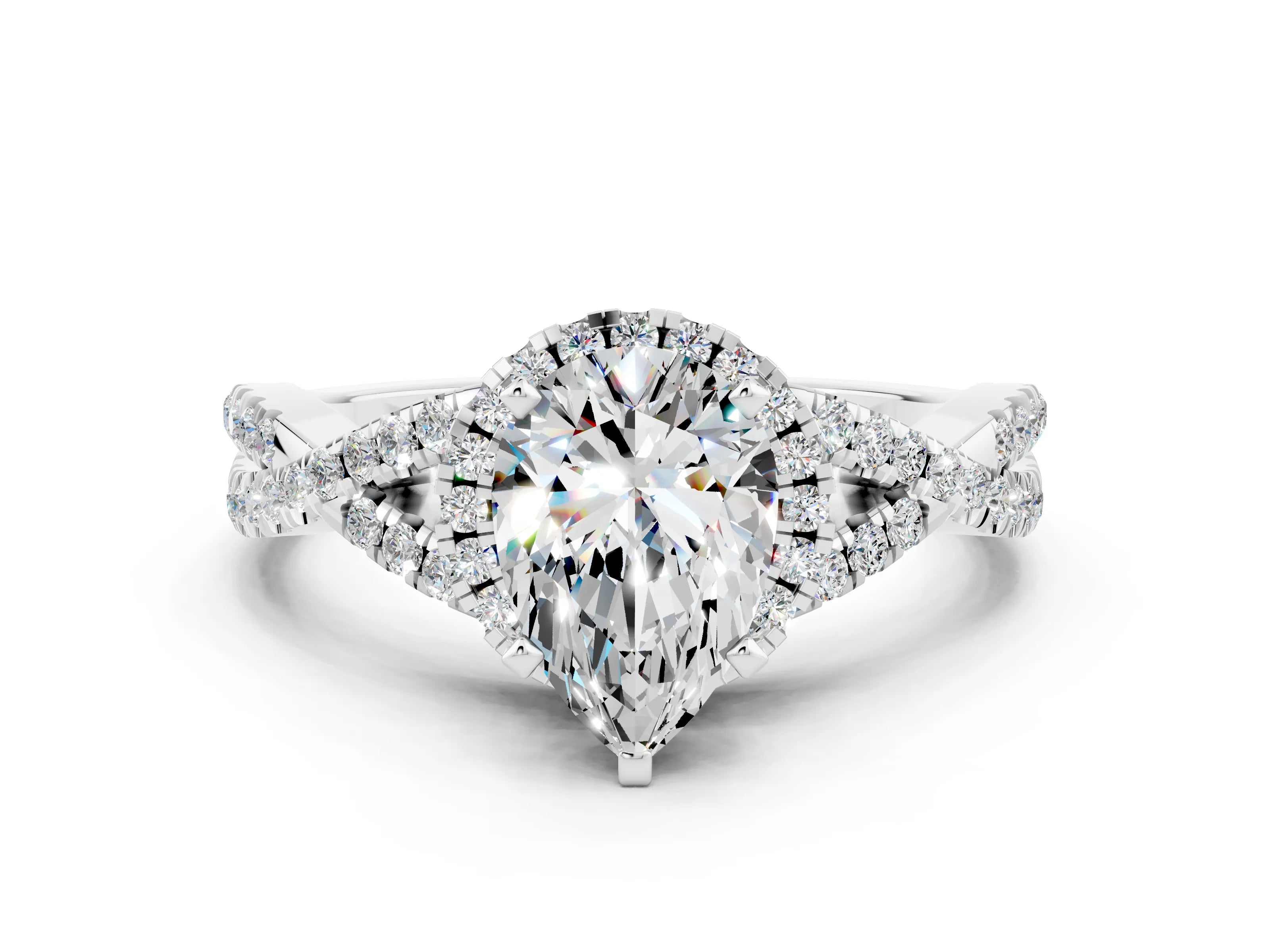 White gold Pear Cut Moissanite Halo Twist Band Solitaire Prong Setting Ring