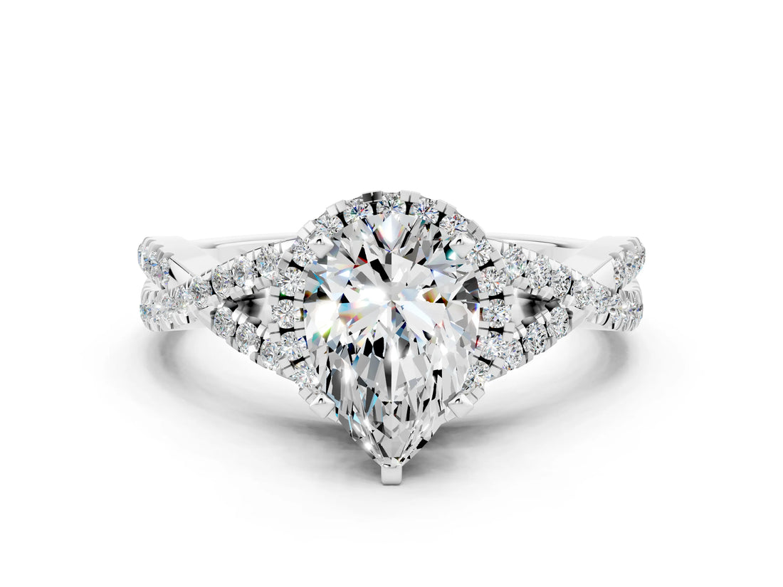 White gold Pear Cut Moissanite Halo Twist Band Solitaire Prong Setting Ring