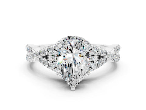 White gold Pear Cut Moissanite Halo Twist Band Solitaire Prong Setting Ring