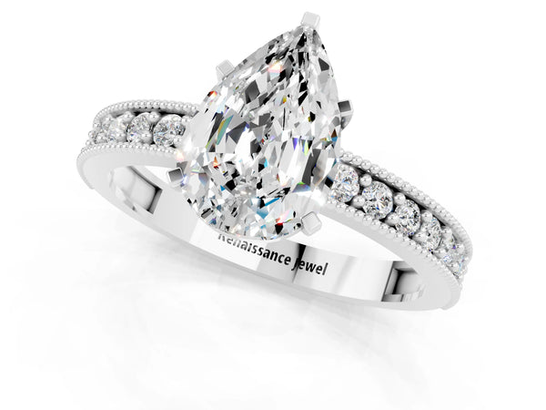 Platinum Pear Cut Moissanite Milgrain Pavé Engagement Ring with Four-Prong Setting