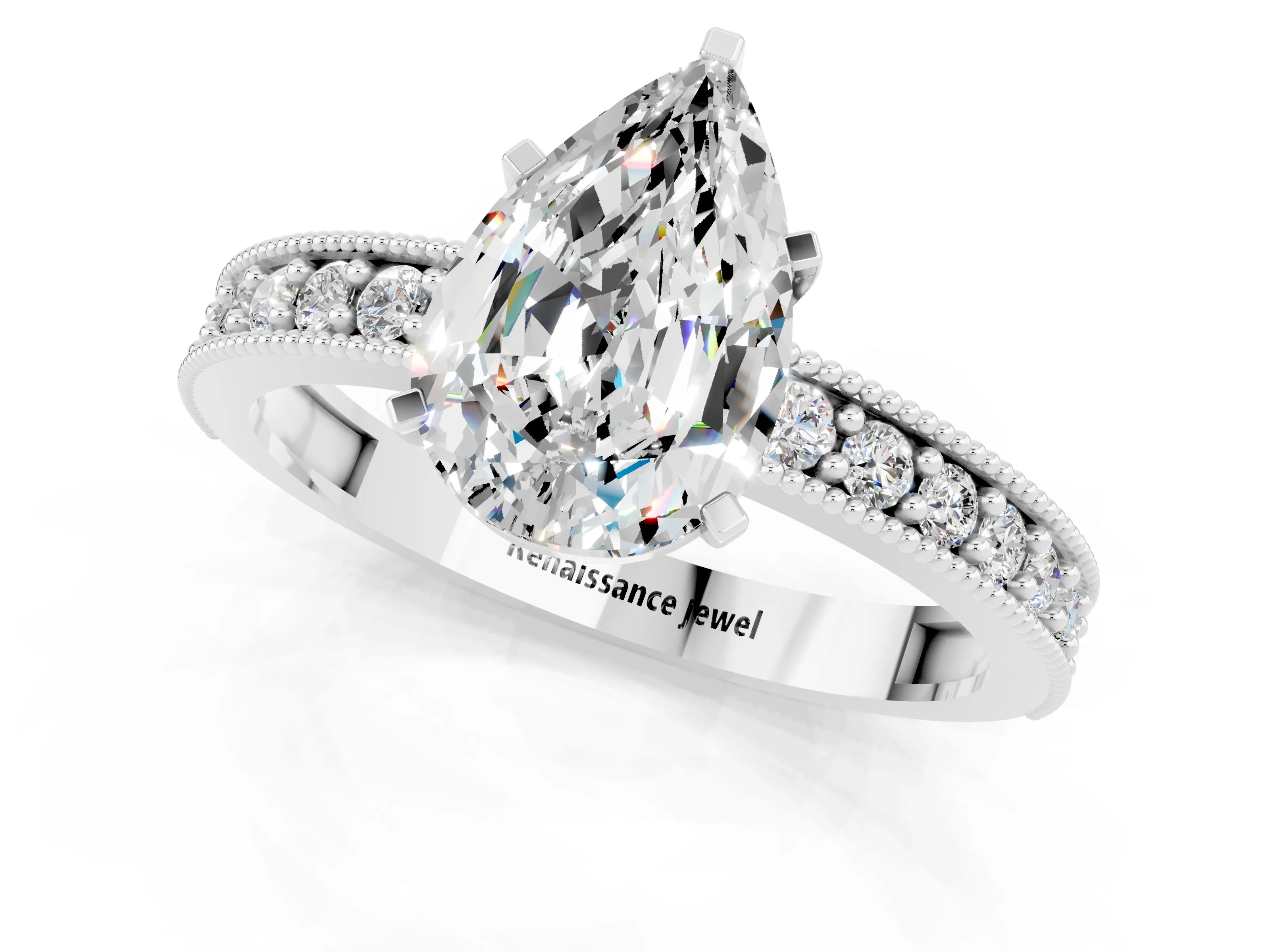 White gold Pear Cut Moissanite Milgrain Pavé Engagement Ring with Four-Prong Setting_1