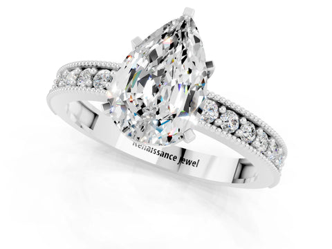 White gold Pear Cut Moissanite Milgrain Pavé Engagement Ring with Four-Prong Setting_1