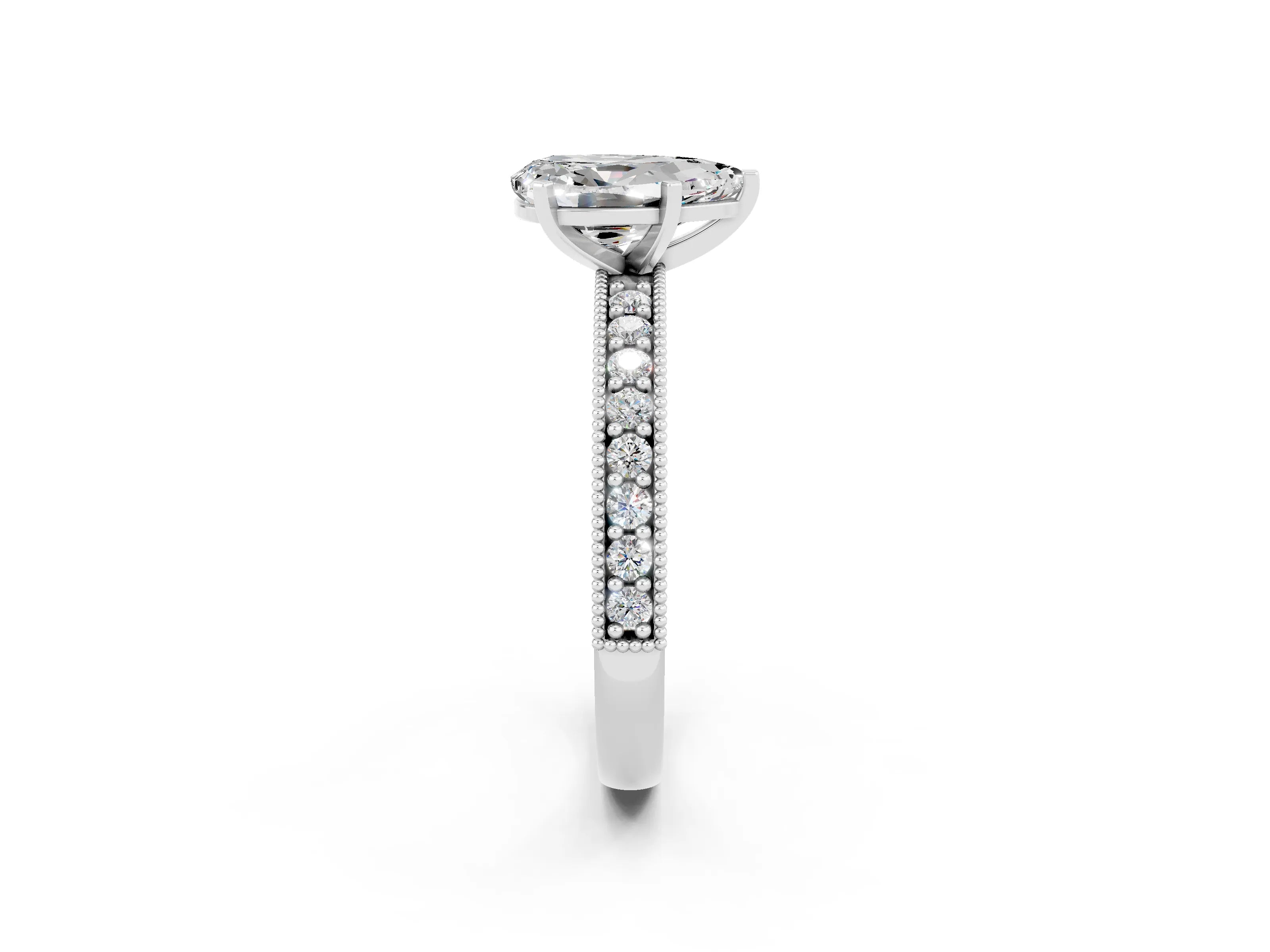 White gold Pear Cut Moissanite Milgrain Pavé Engagement Ring with Four-Prong Setting_2