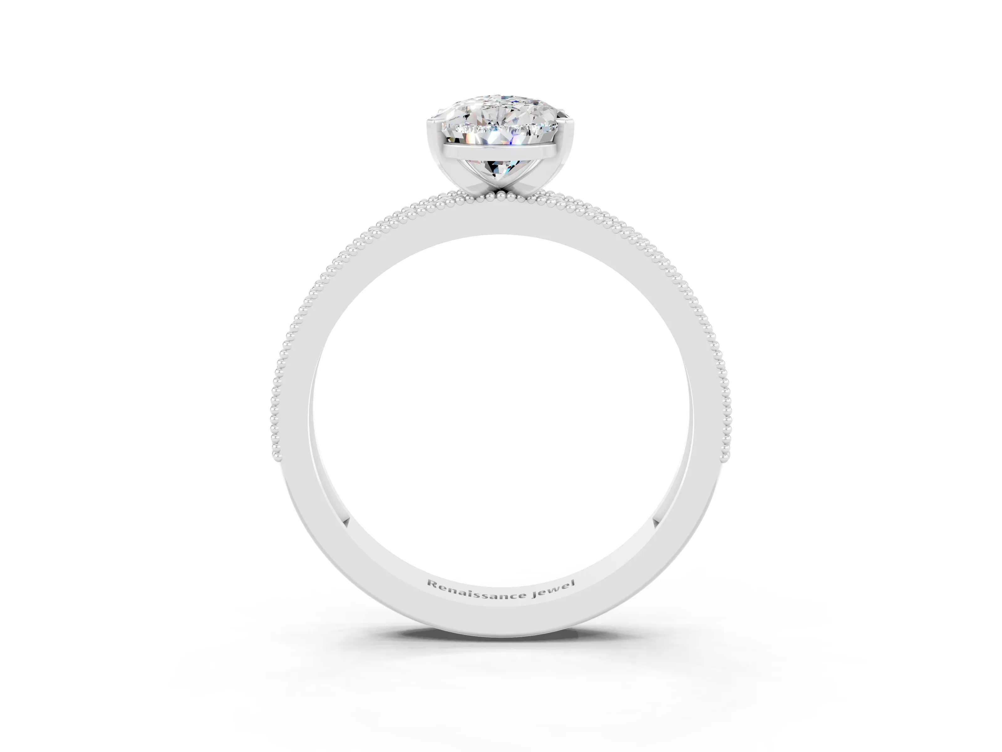 White gold Pear Cut Moissanite Milgrain Pavé Engagement Ring with Four-Prong Setting_3