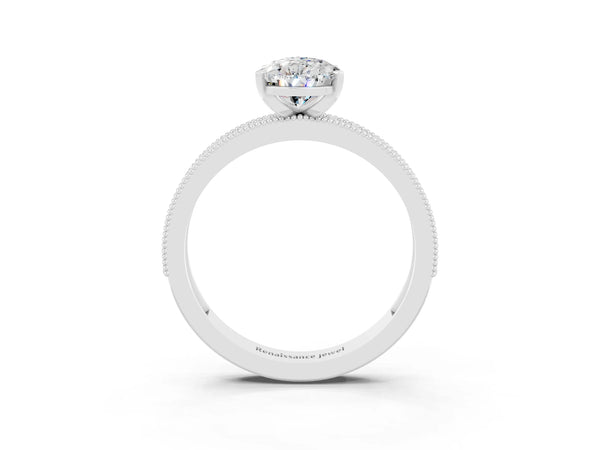Silver Pear Cut Moissanite Milgrain Pavé Engagement Ring with Four-Prong Setting