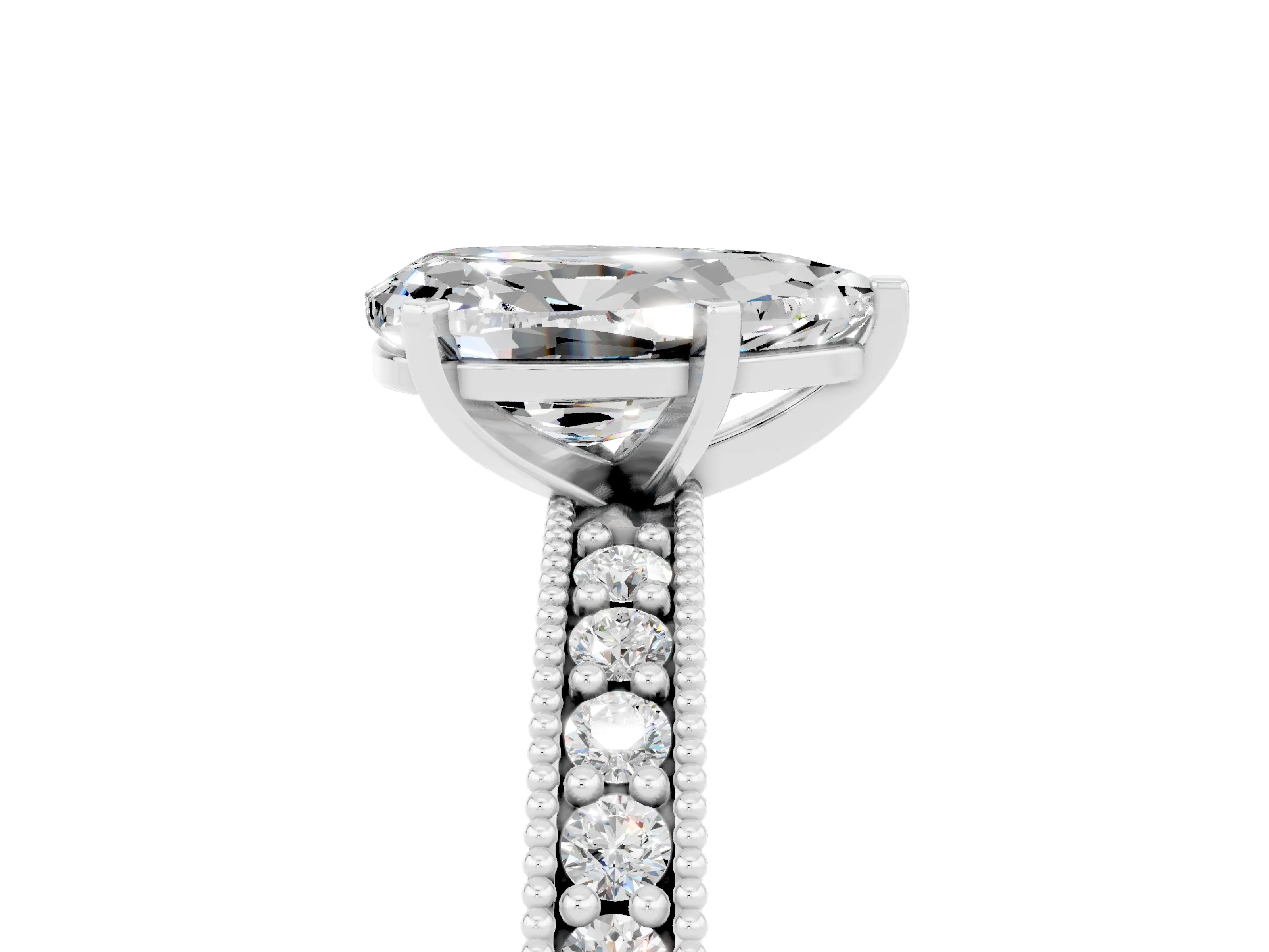 White gold Pear Cut Moissanite Milgrain Pavé Engagement Ring with Four-Prong Setting_5