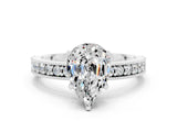White gold Pear Cut Moissanite Milgrain Pavé Engagement Ring with Four-Prong Setting