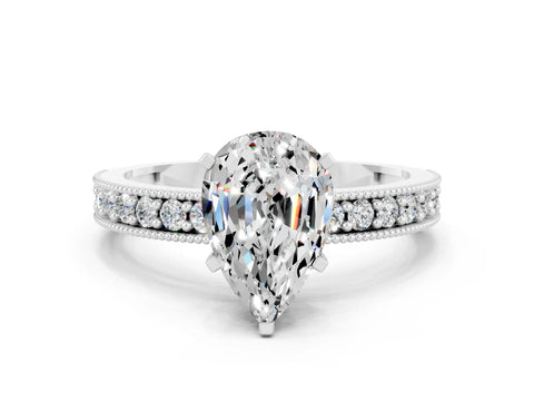 White gold Pear Cut Moissanite Milgrain Pavé Engagement Ring with Four-Prong Setting