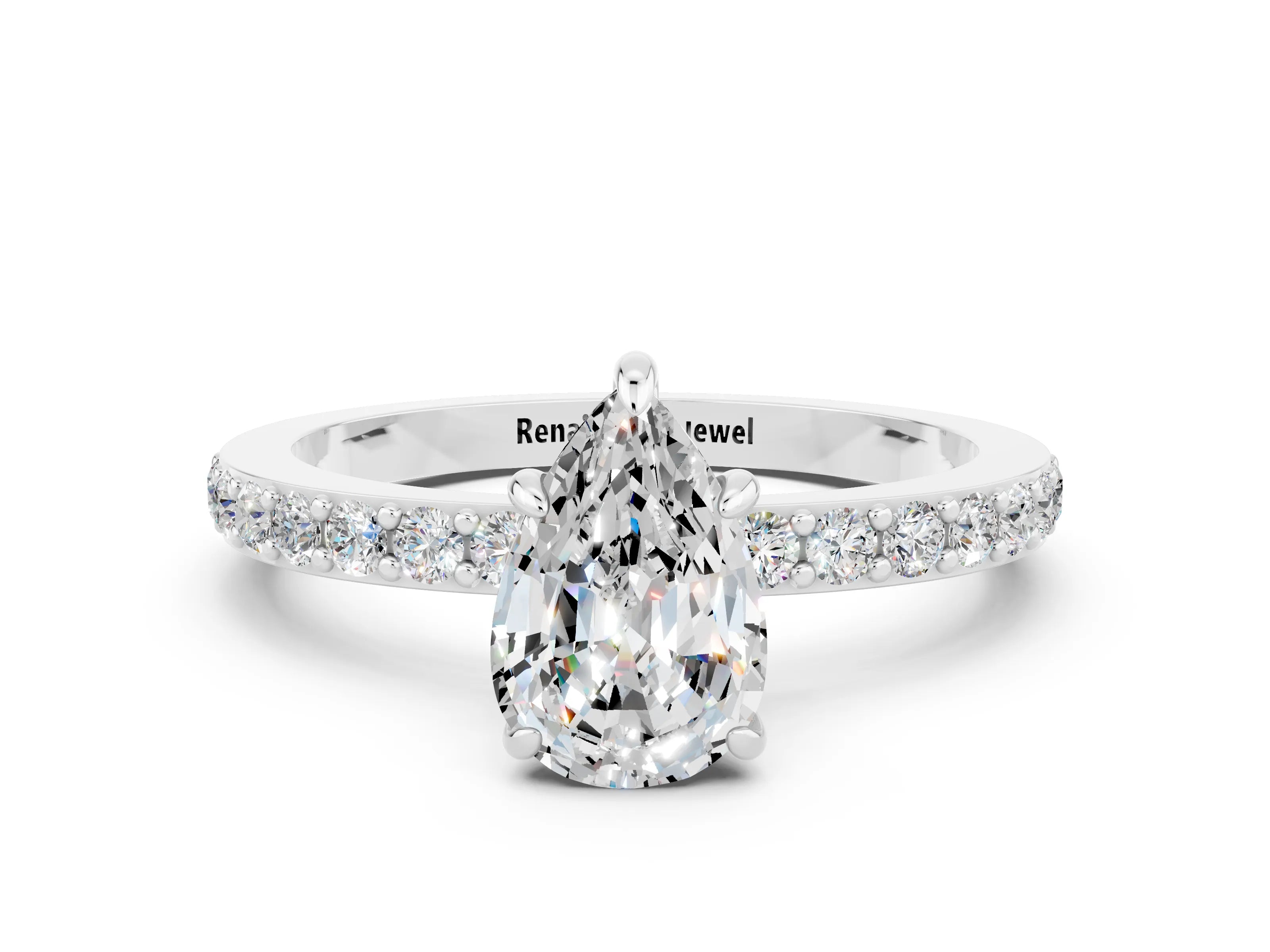 White gold Pear Cut Moissanite Pavé Engagement Ring with Round  Accents and Prong Setting_24