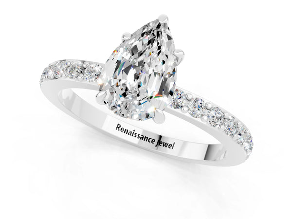 Platinum Pear Cut Moissanite Pavé Engagement Ring with Round  Accents and Prong Setting