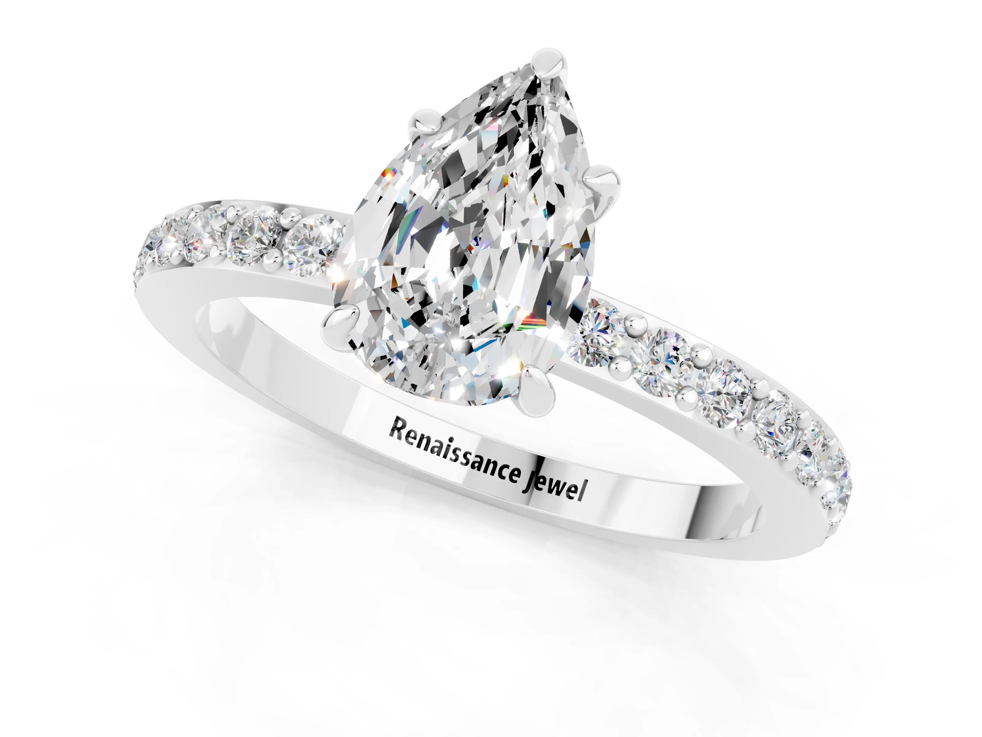 White gold Pear Cut Moissanite Pavé Engagement Ring with Round  Accents and Prong Setting_25