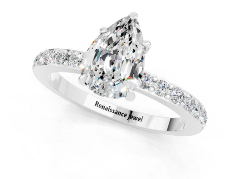 White gold Pear Cut Moissanite Pavé Engagement Ring with Round  Accents and Prong Setting_25