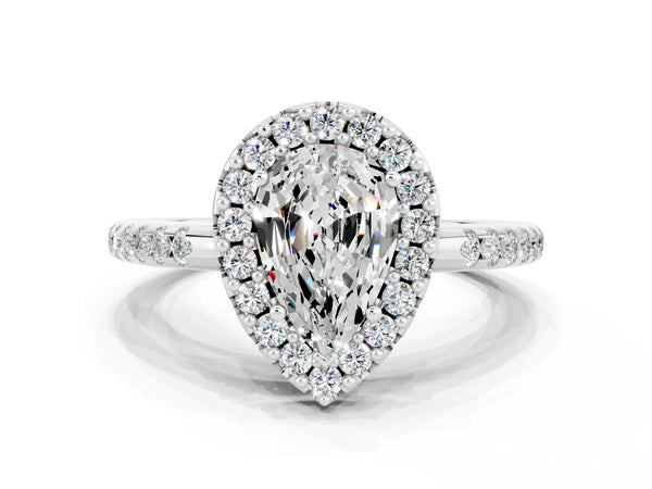White gold Pear Cut Moissanite Pavé Halo Ring with Four-Prong Setting