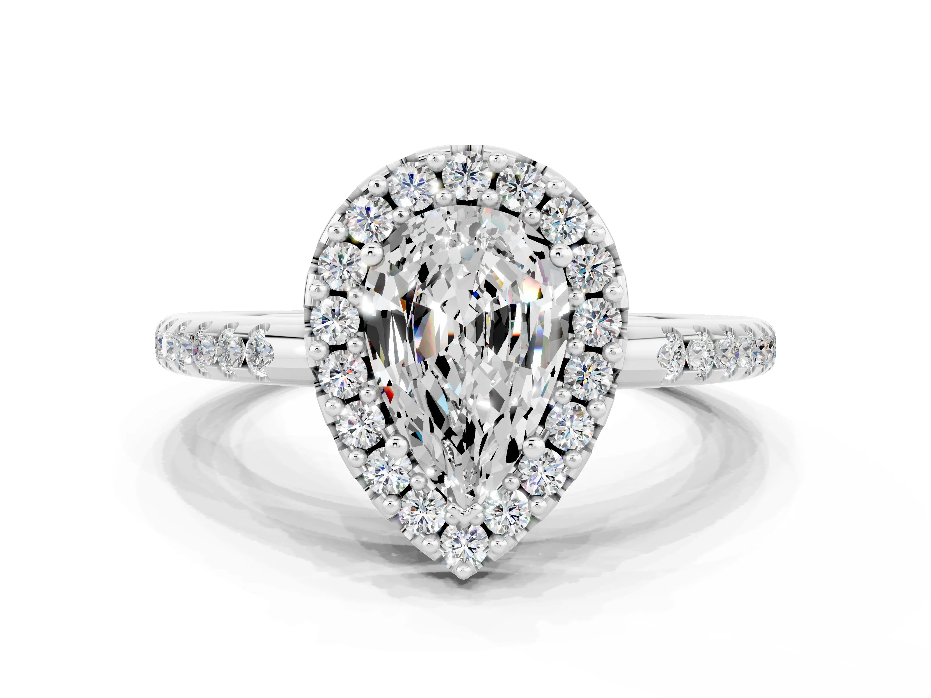 White gold Pear Cut Moissanite Pavé Halo Ring with Four-Prong Setting_12