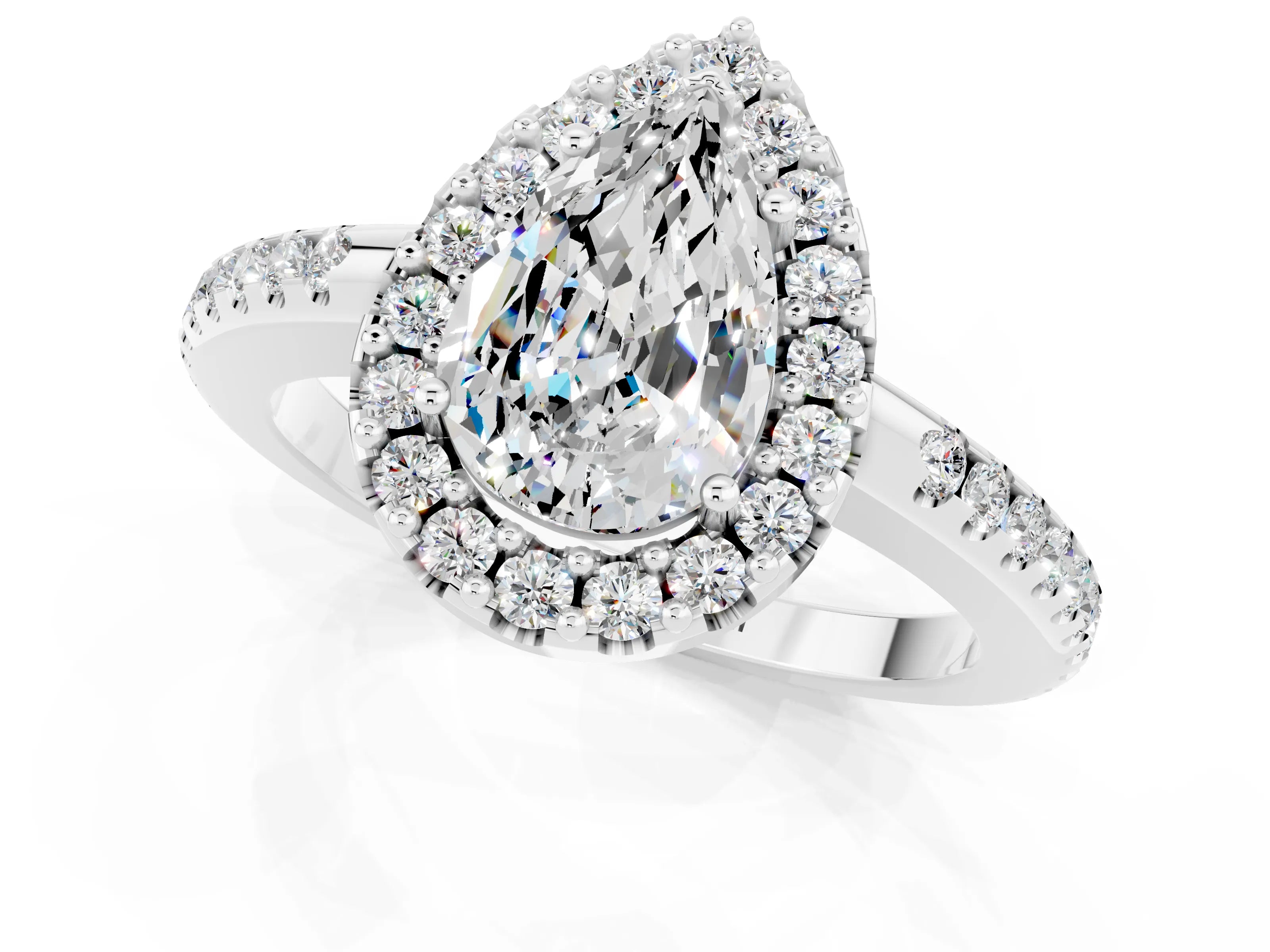 White gold Pear Cut Moissanite Pavé Halo Ring with Four-Prong Setting_13