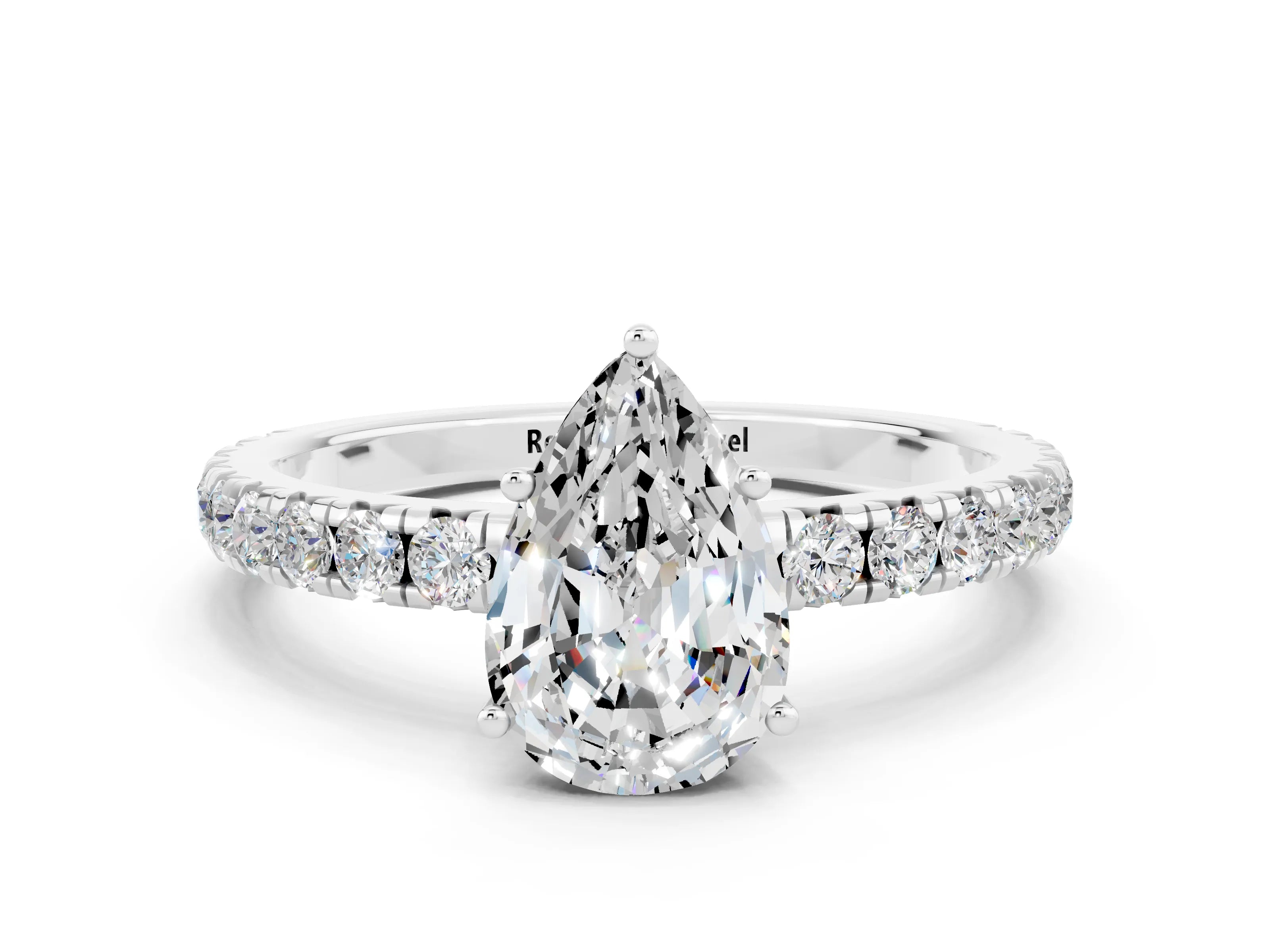 White gold Pear Cut Moissanite Pavé Solitaire Engagement Ring with Four-Prong Setting_12
