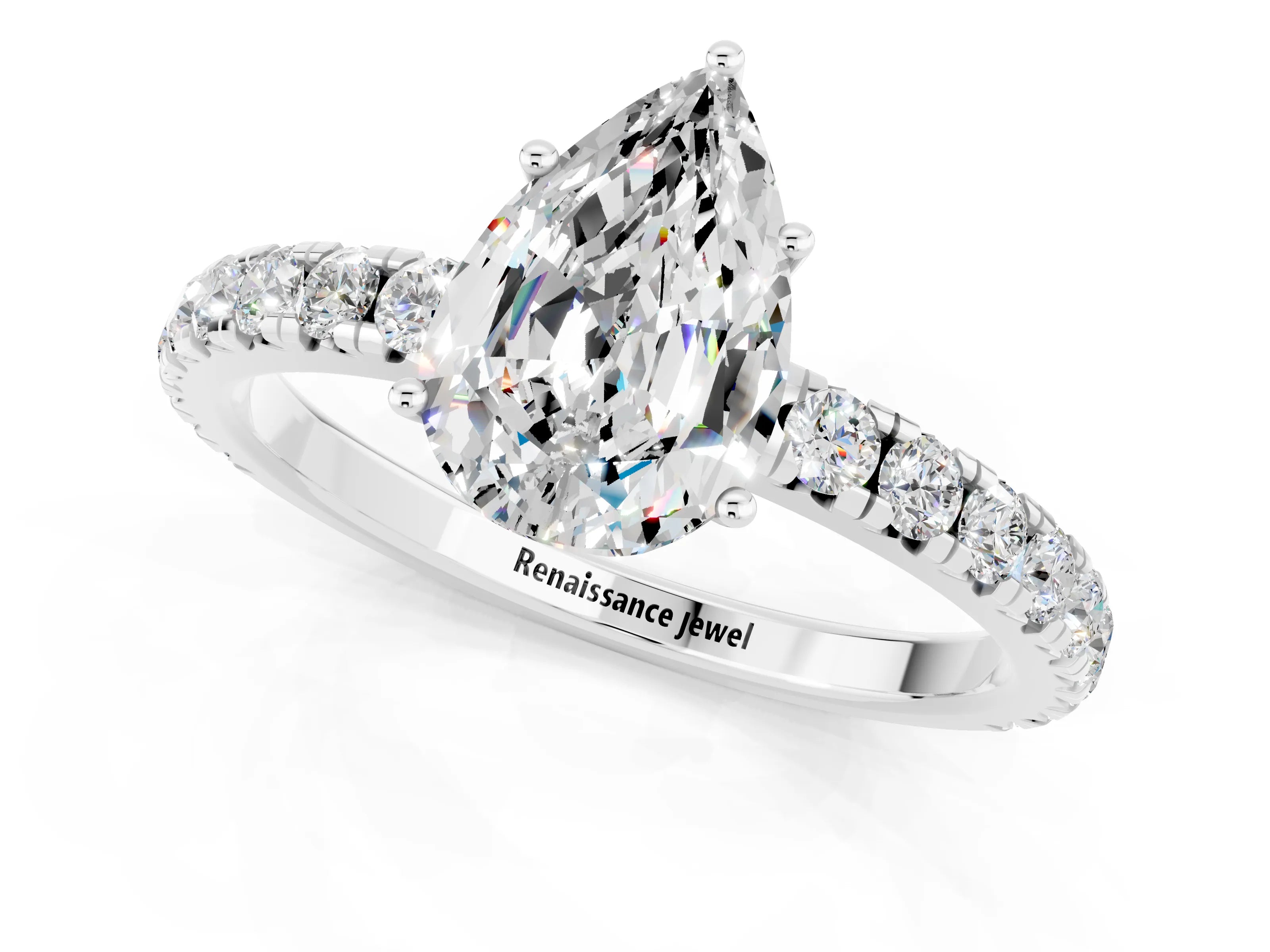 White gold Pear Cut Moissanite Pavé Solitaire Engagement Ring with Four-Prong Setting_13
