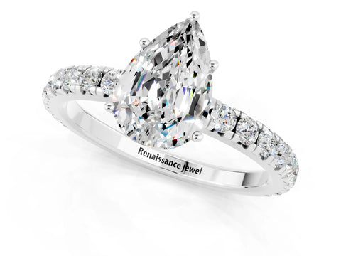 White gold Pear Cut Moissanite Pavé Solitaire Engagement Ring with Four-Prong Setting_13