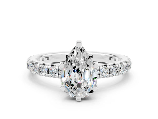 Platinum Pear Cut Moissanite Pavé Solitaire Ring with Round Band and Prong Setting