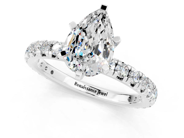 Platinum Pear Cut Moissanite Pavé Solitaire Ring with Round Band and Prong Setting