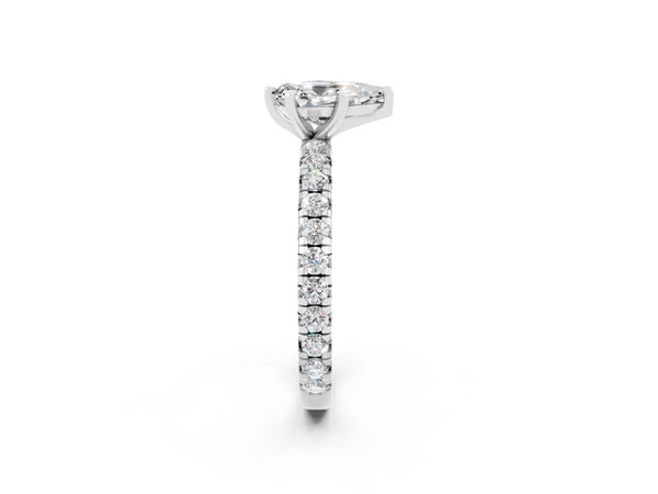 White gold Pear Cut Moissanite Pavé Solitaire Ring with Round Band and Prong Setting
