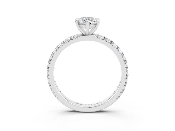 Platinum Pear Cut Moissanite Pavé Solitaire Ring with Round Band and Prong Setting
