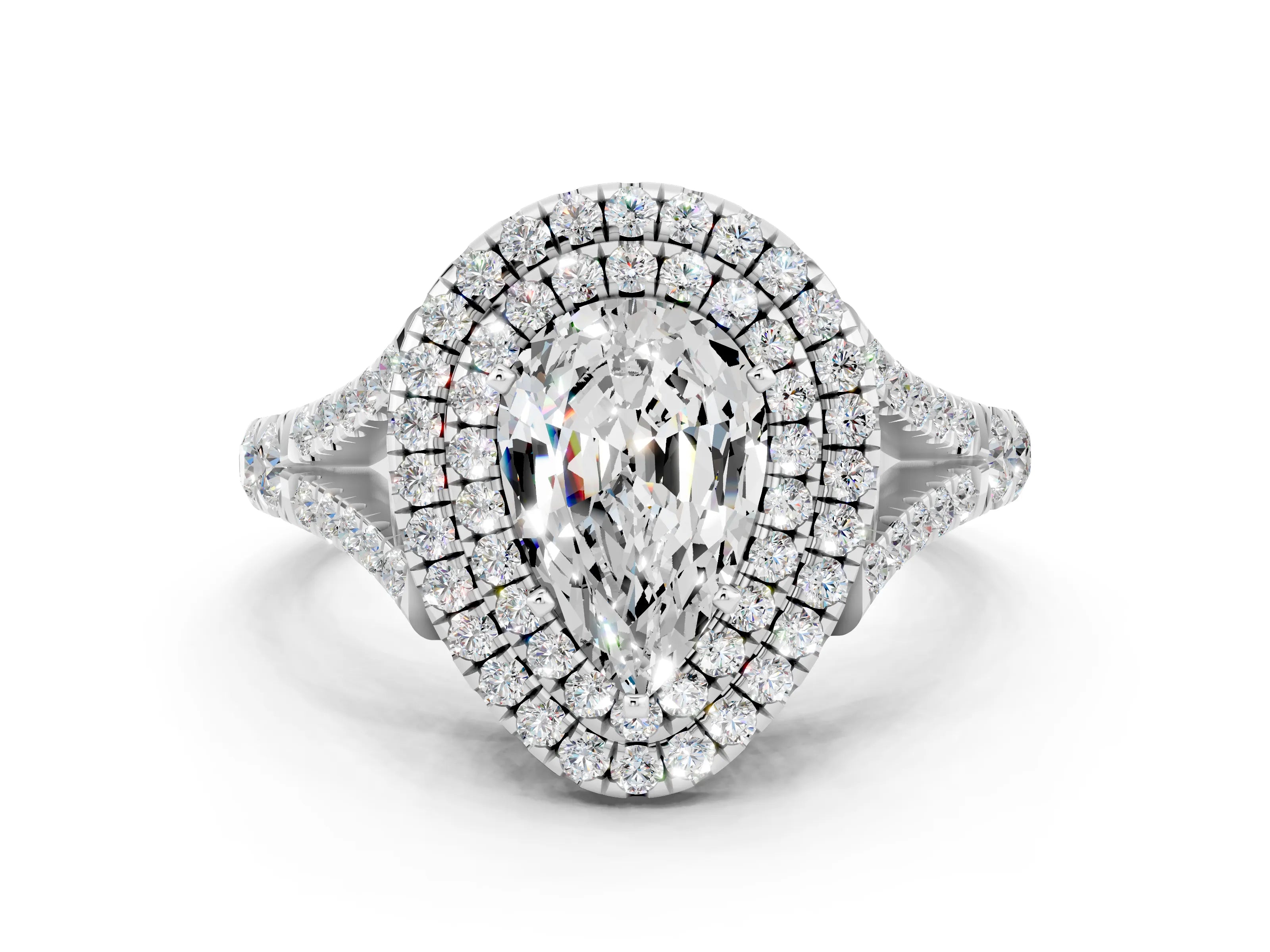 White gold Pear Cut Moissanite Pavé Split Shank Double Halo Engagement Ring_12