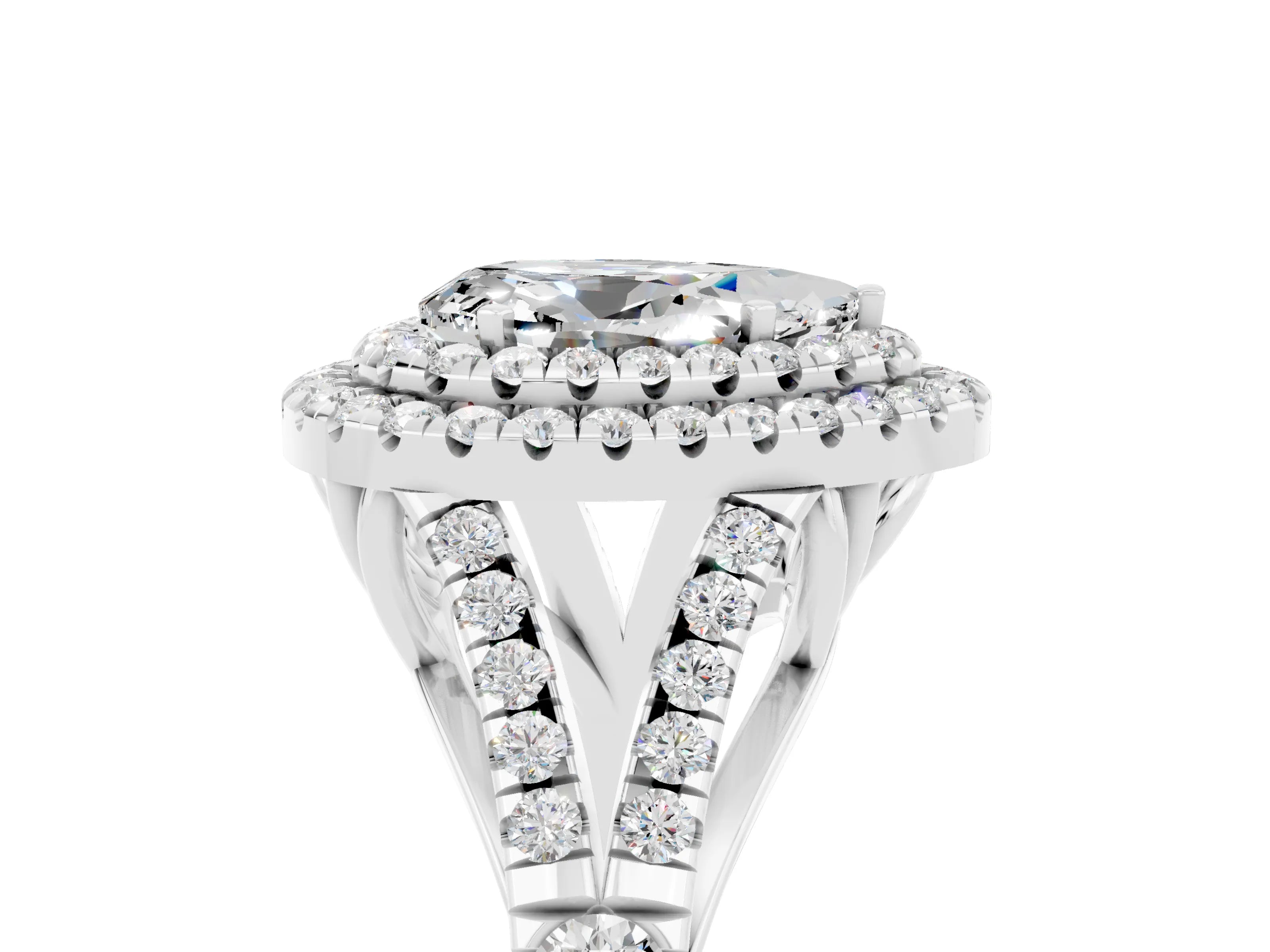 White gold Pear Cut Moissanite Pavé Split Shank Double Halo Engagement Ring_17