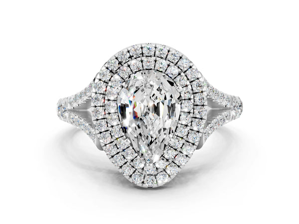 Silver Pear Cut Moissanite Pavé Split Shank Double Halo Engagement Ring