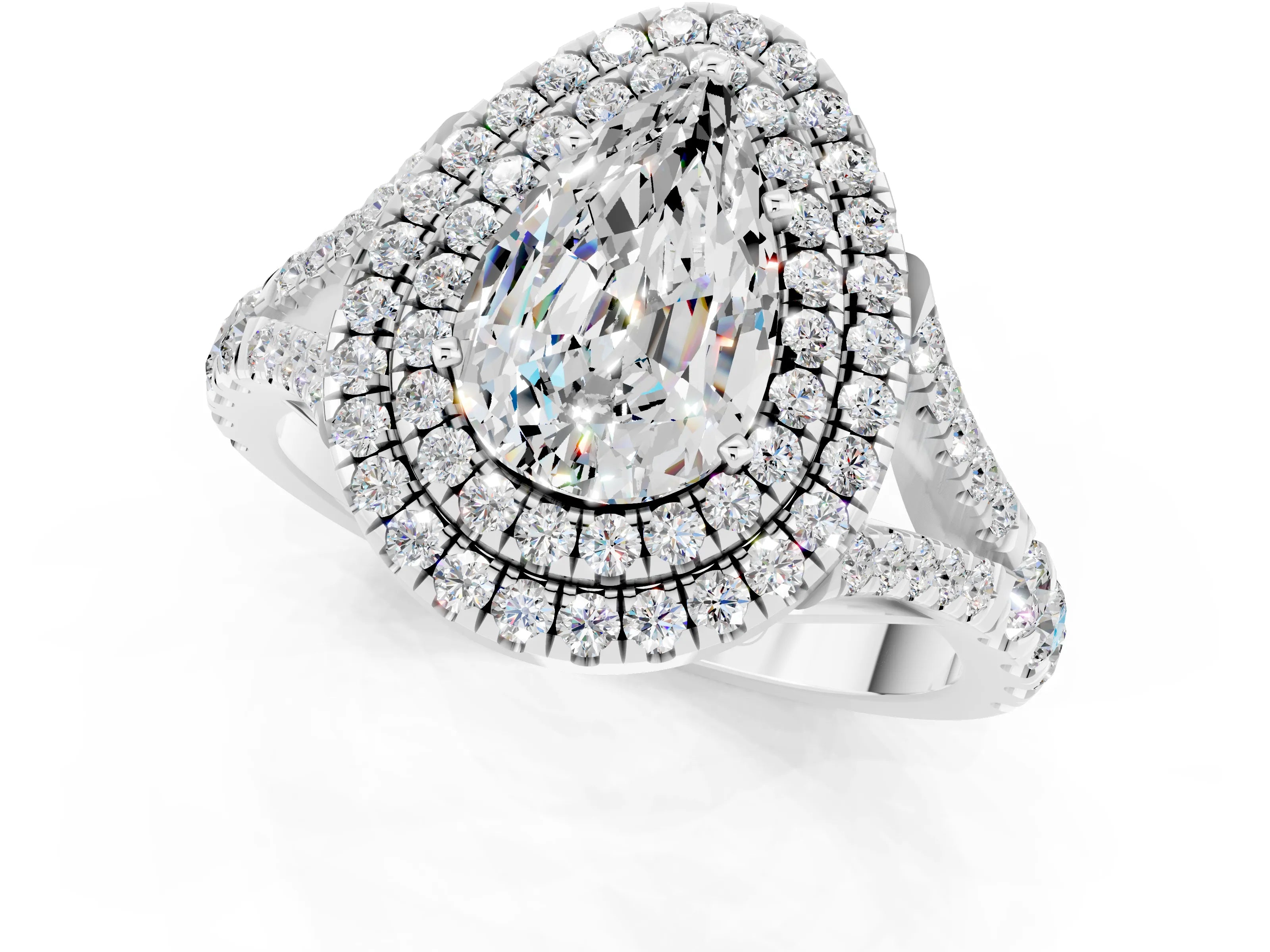 White gold Pear Cut Moissanite Pavé Split Shank Double Halo Engagement Ring_19