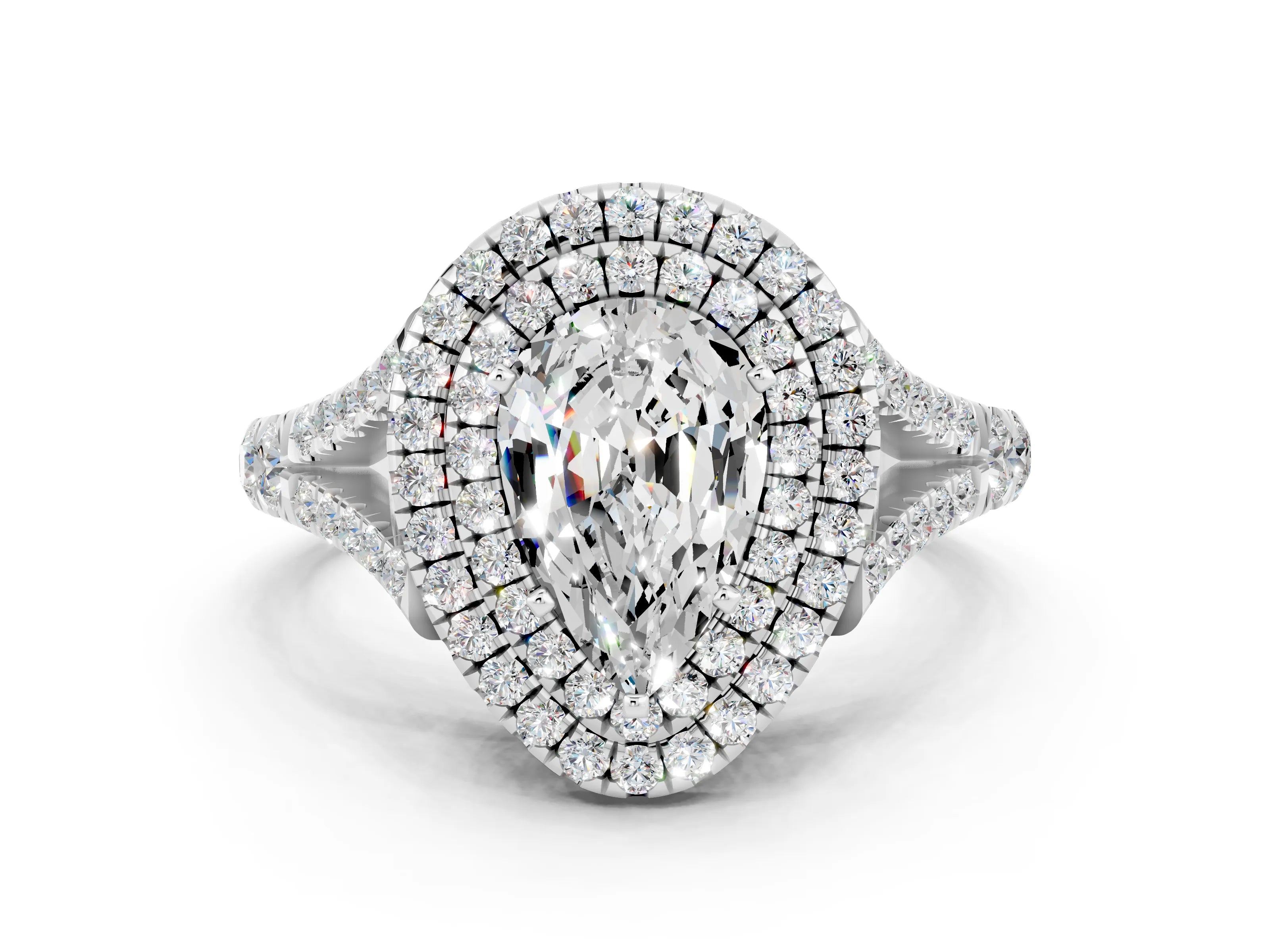 White gold Pear Cut Moissanite Pavé Split Shank Double Halo Engagement Ring_20