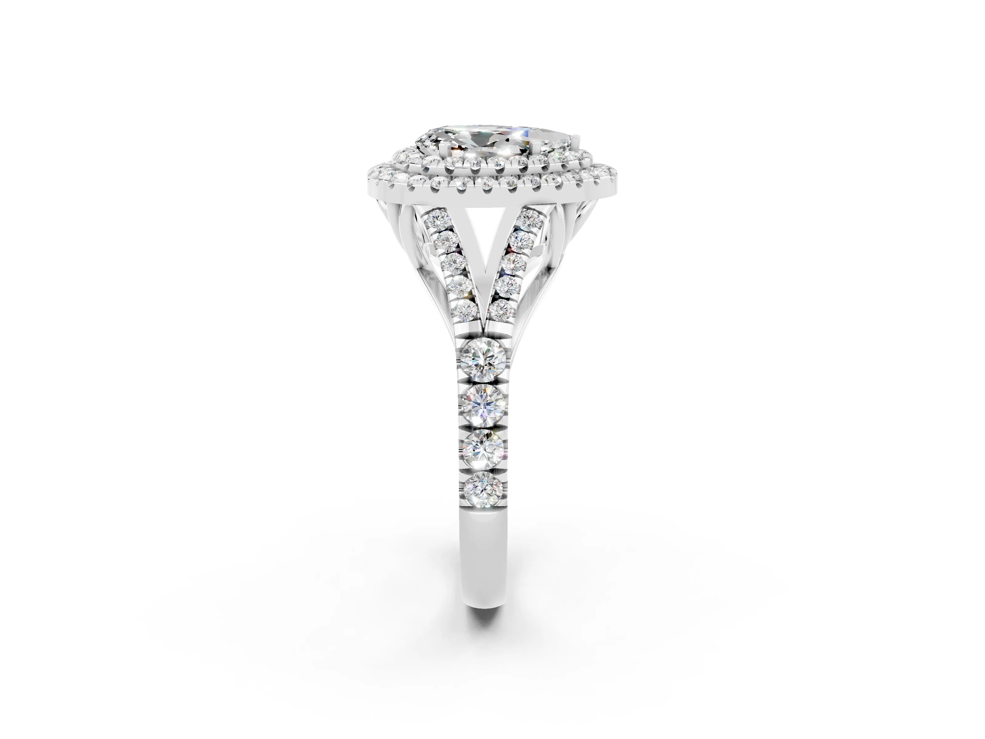 White gold Pear Cut Moissanite Pavé Split Shank Double Halo Engagement Ring_20