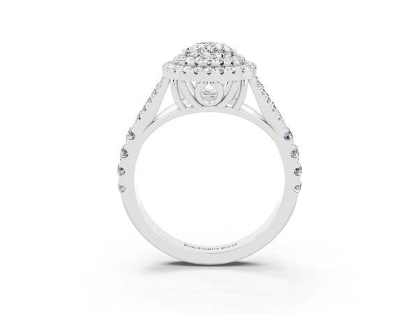 Platinum Pear Cut Moissanite Pavé Split Shank Double Halo Engagement Ring