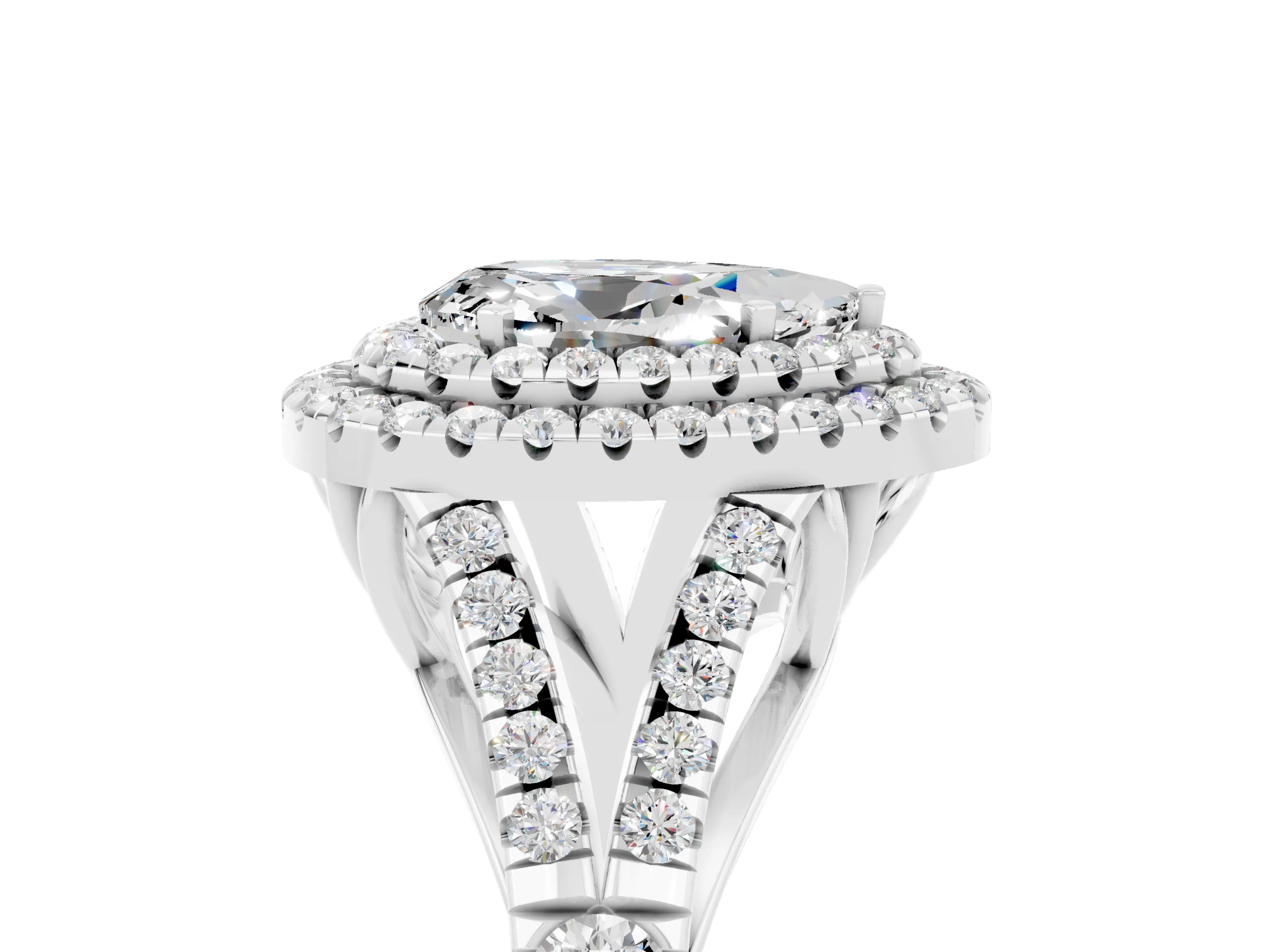 White gold Pear Cut Moissanite Pavé Split Shank Double Halo Engagement Ring_23